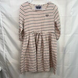VShop Man youth girl's beige striped tie flare skirt long sleeve dress casual XL